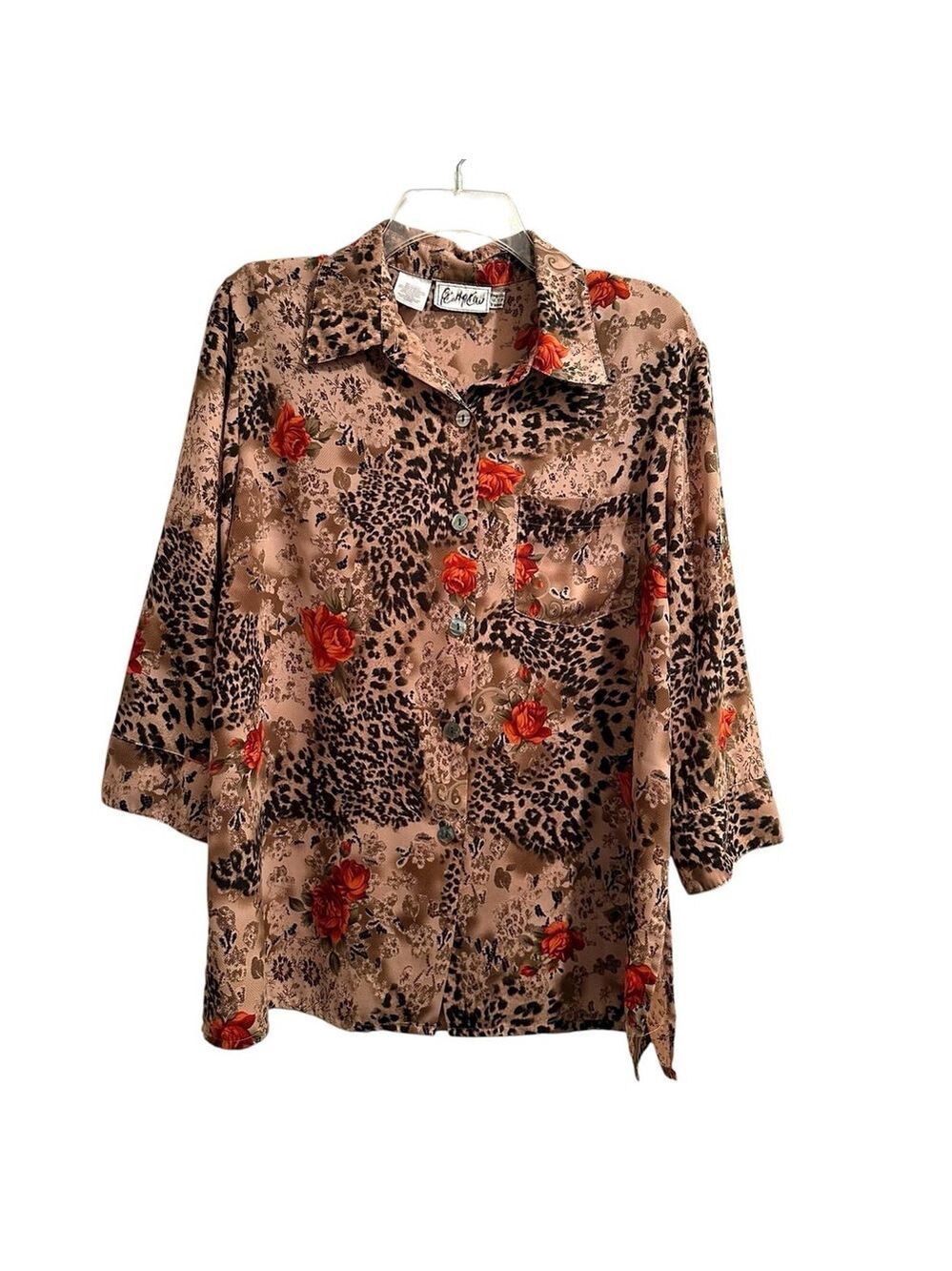 VTG Kathy Che Animal Print Roses Button Blouse Womens 14 Cheetah 3/4 Sleeves.